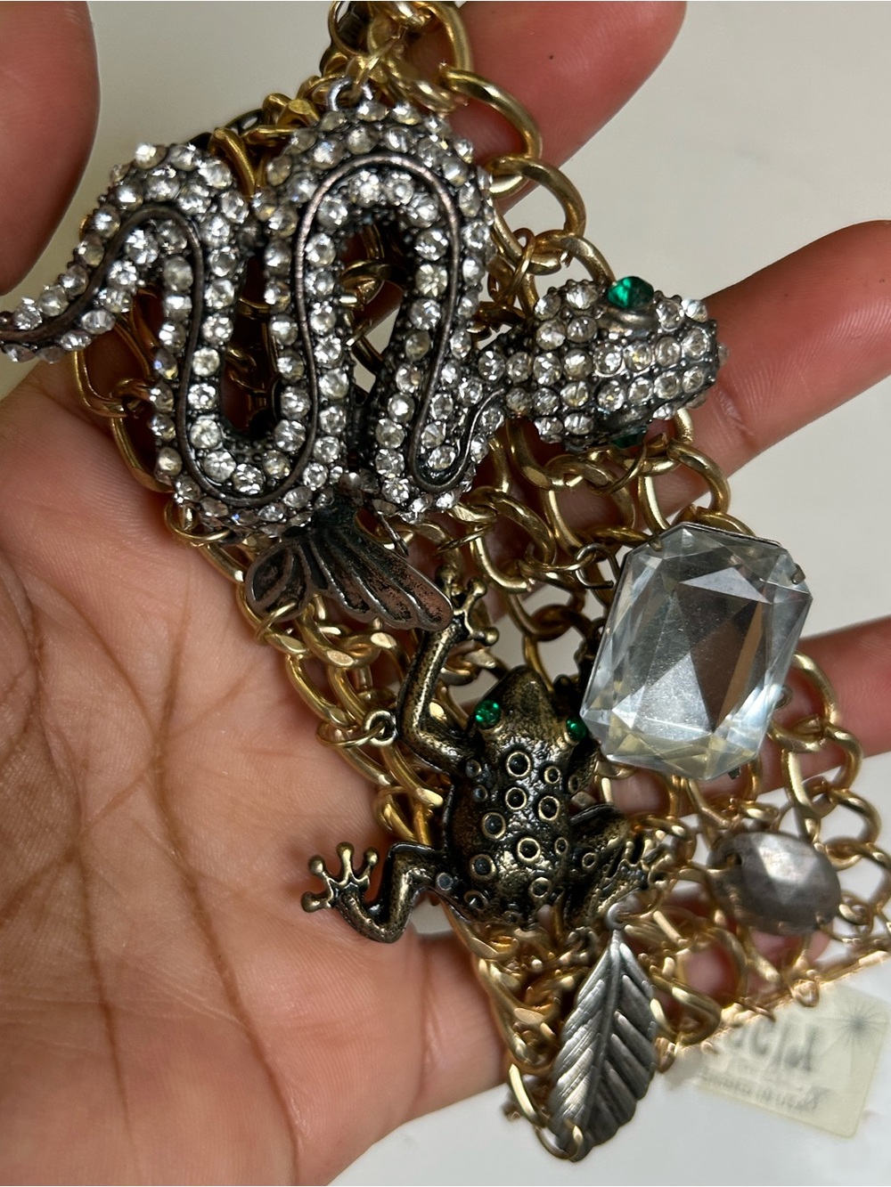 Crystal Snake & Frog Charm Bracelet - Gold Tone